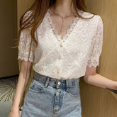 V-Neck Lace Hollow Out Retro Shirt